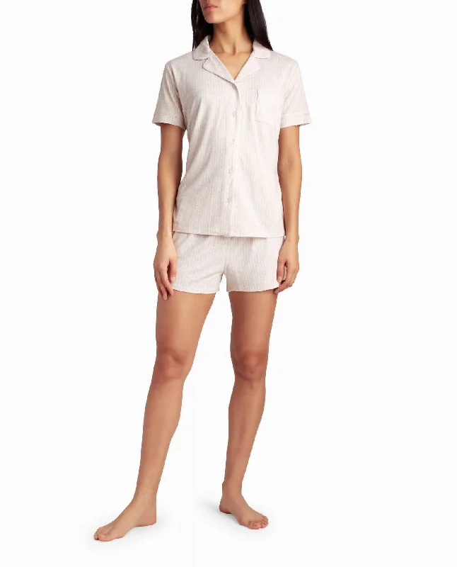 Peached Jersey Shirt And Short Two-Piece Sleepwear Set In Oatmeal Stripe