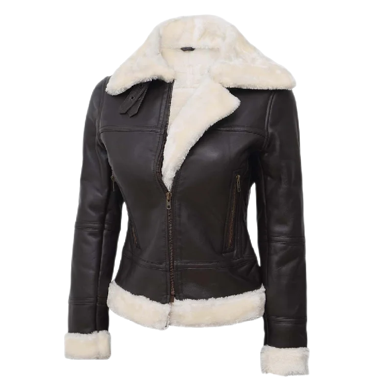 Lucy Women’s Faux Fur Lined Leather Bomber Jacket Brown