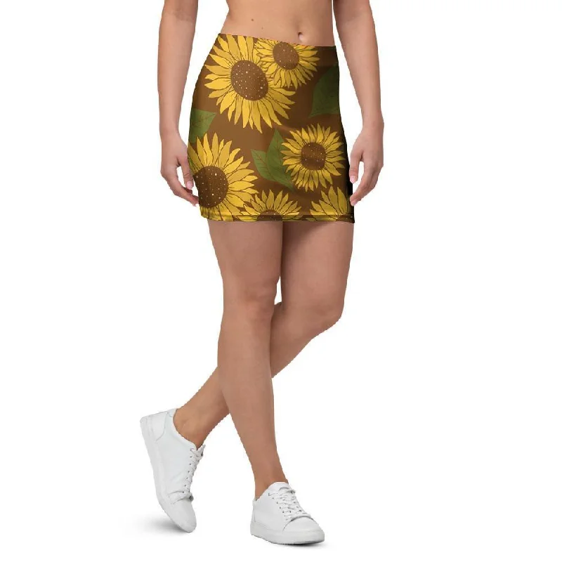 Brown Sunflower Print Mini Skirt