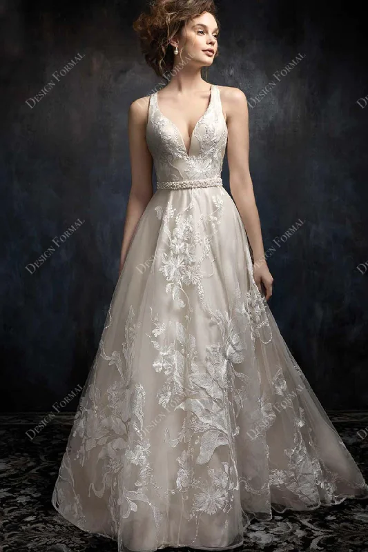 Custom Plunging Sleeveless Lace Champagne Made-to-Order Long Wedding Dress