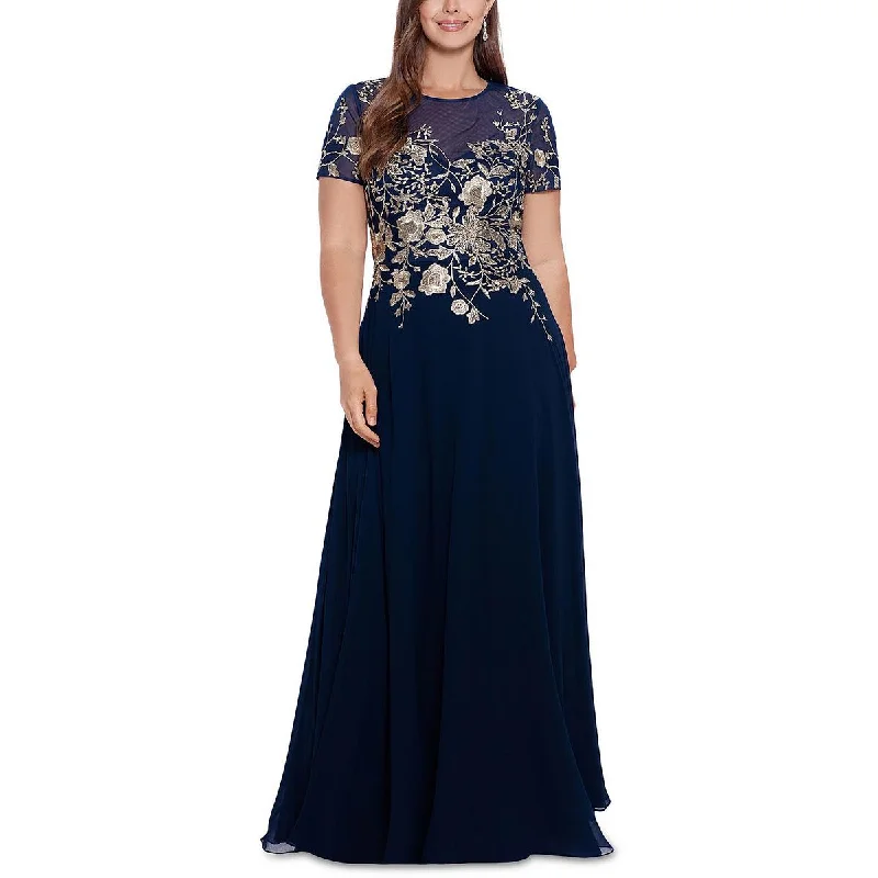 Petites Womens Embroidered Midi Evening Dress