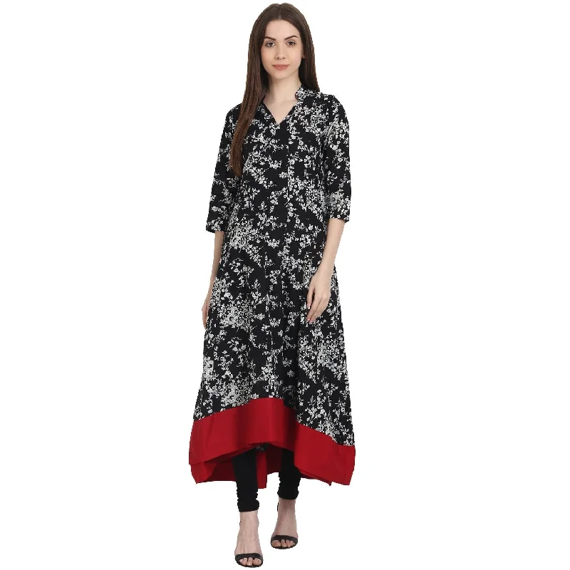 NOZ2TOZ Black Printed 3/4 Sleeve Low High Cotton Anarkali Kurta