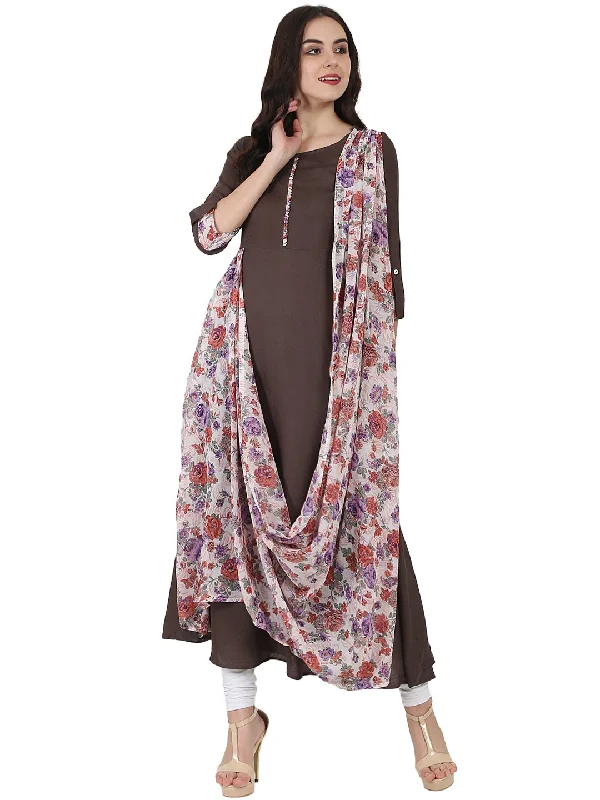 NOZ2TOZ Coffee Brown Flower Printed 3/4Th Sleeve Drape Style Cotton Anarkali Kurta