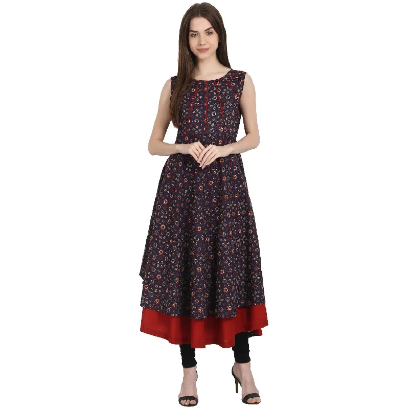 NOZ2TOZ Multi Printed Sleevless Cotton Anarkali Kurta With Red Inner