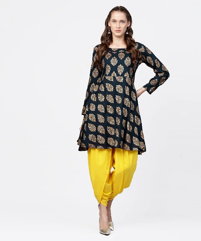 NOZ2TOZ Navy Blue Khadi Gold Printed Full Sleeve Short Anarkali With Yellow Dhoti Pant Set