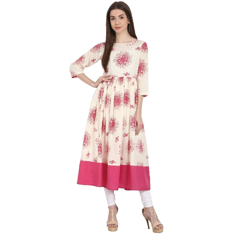 NOZ2TOZ Peach Printed 3/4 Sleeve Cotton Anarkali Kurta