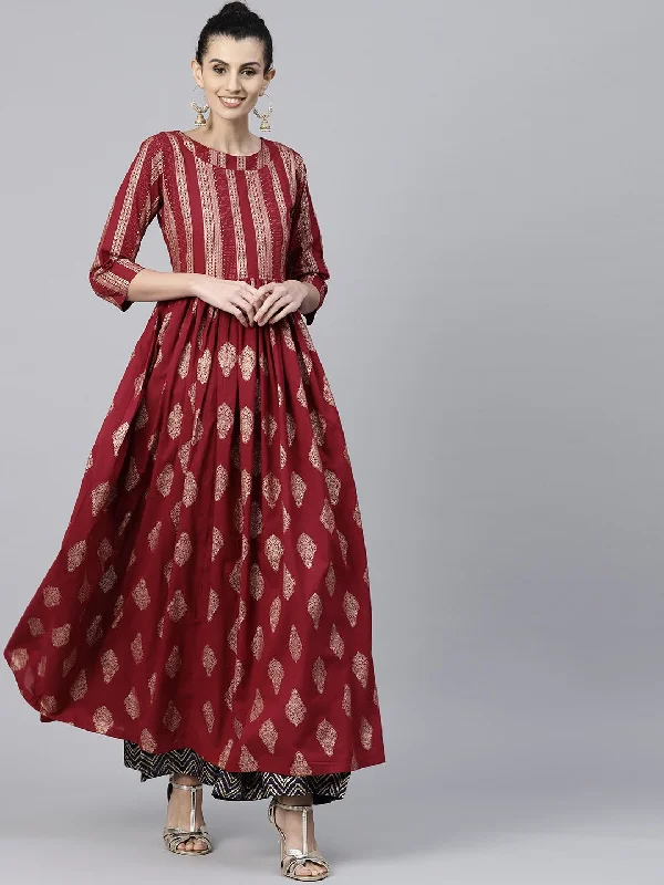 NOZ2TOZ Red Printed 3/4Th Sleeve Cotton Floor Length Anarkali Kurta