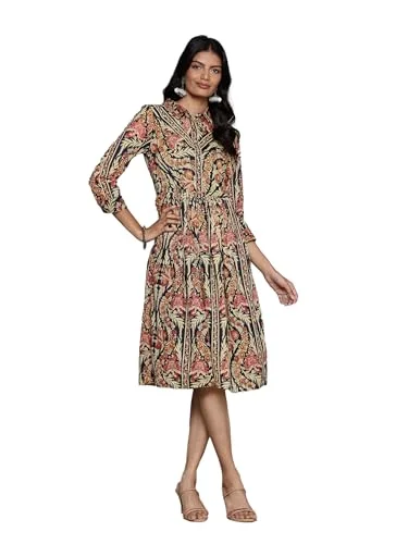 Aarke Ritu Kumar Shirt Collar Full Sleeve Printed Dress Black