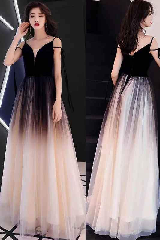 V-Neck Sleeveless Ombre Black Tulle Long Prom Dresses