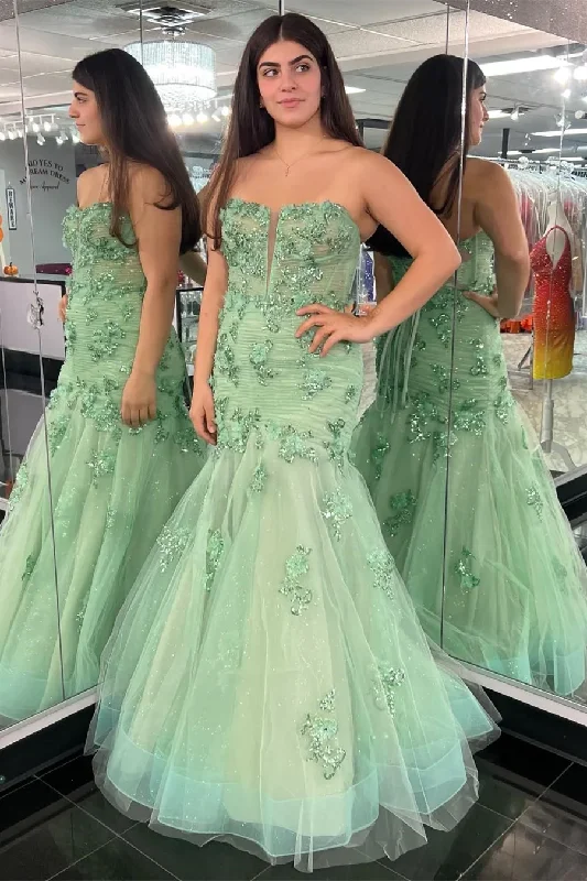 Cute Light Green Strapless Tulle Prom Dress with Appliques