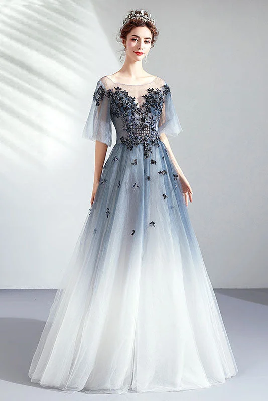 Floor Length Half Sleeves Tulle Long Ombre Prom Dresses with Appliques N2318