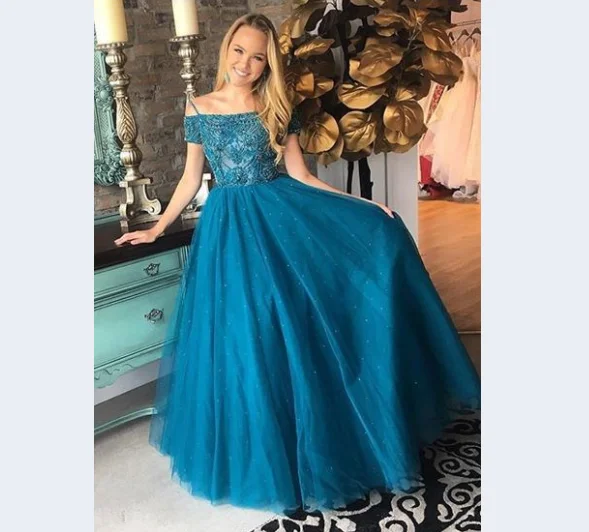 formal off shoulder teal A-line tulle long prom dress, PD556