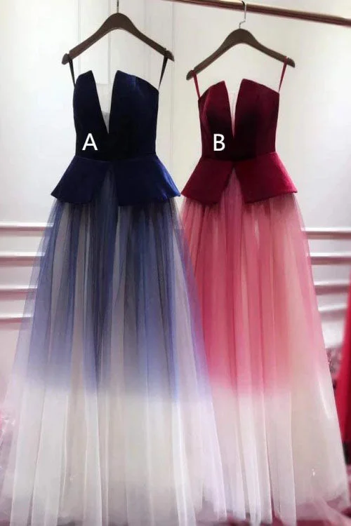 Ombre Blue Tulle Long Prom Dresses Unique New Style Strapless Long Evening Dresses N1602