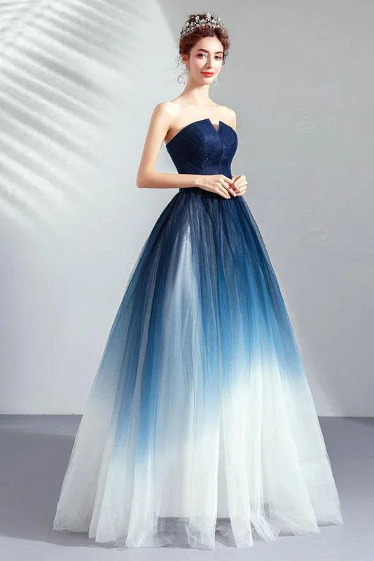 Ombre Tulle Strapless A Line Floor Length Elegant Prom Dresses N1700